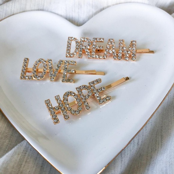HOPE LOVE DREAM Rhinestone Rose Gold Hair Pin Set - Picture 2 of 4